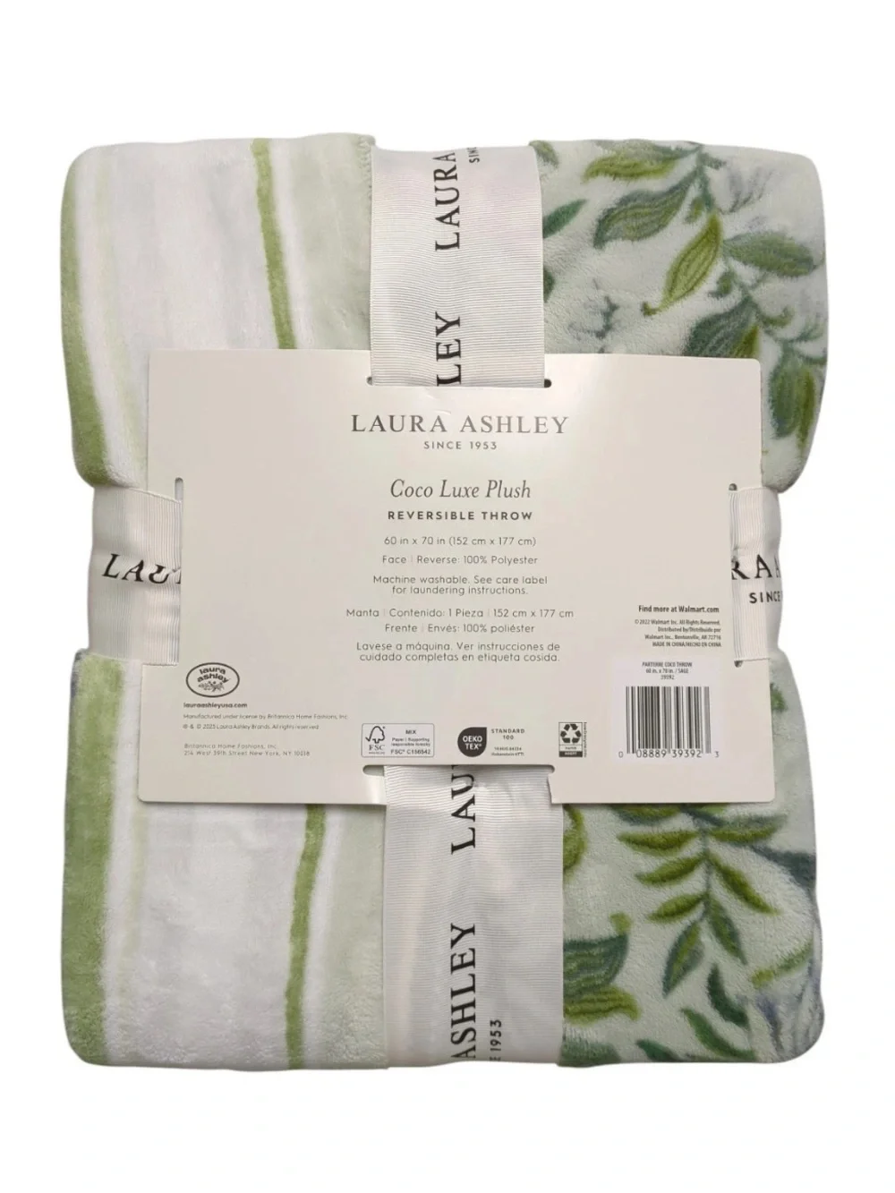 New! Laura Ashley Coco Luxe Plush Reversible Throw Blanket, 60in x 70in, Sage